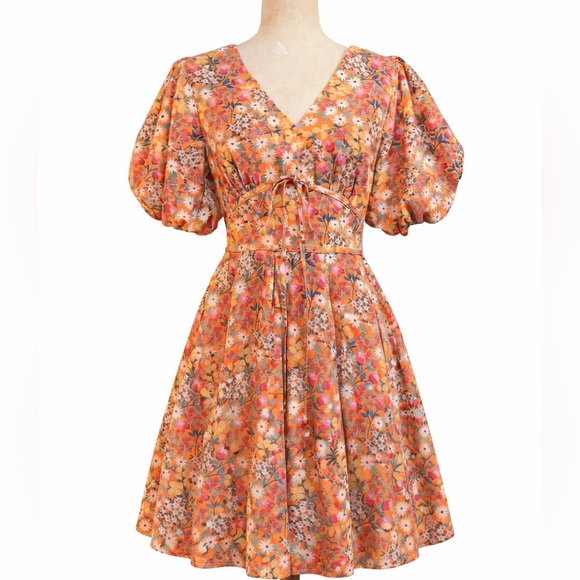 Fate bubble puff sleeve boho floral dress, underbust tie bow- S - Picture 2 of 10